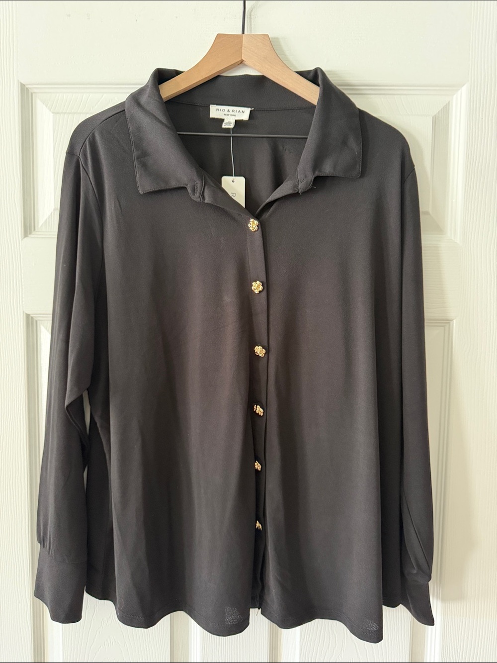 Black Button-Front Long Sleeve Shirt with Gold Buttons